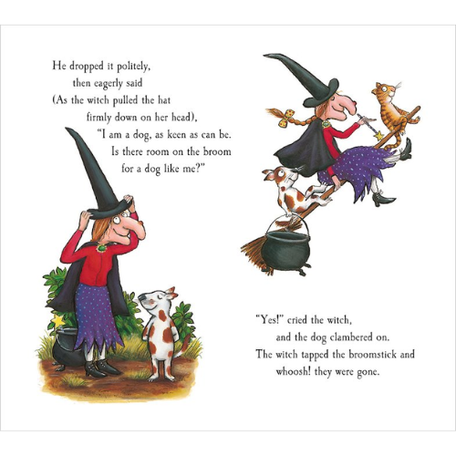 Illustration from a children's book with a witch and dog on a broomstick.