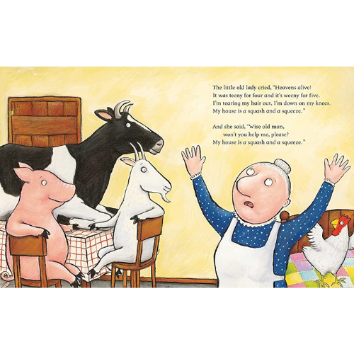Illustration from a children's book with farm animals and a lady in a kitchen.