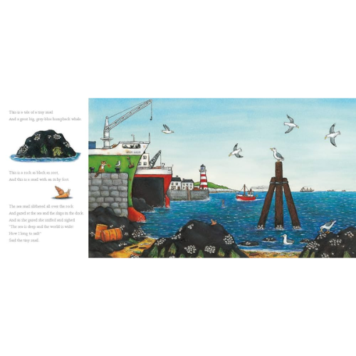 Illustration of a coastal scene with boats, cranes, and birds.
