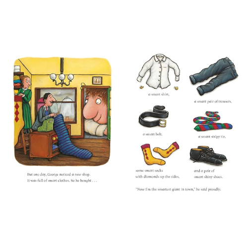 Illustration from a children's book showing a giant shopping for smart clothes.