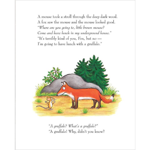 Illustration from a children's book with a fox and mouse in a forest setting.