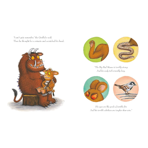 Illustration from a children's book featuring the Gruffalo and other animals on a white background.