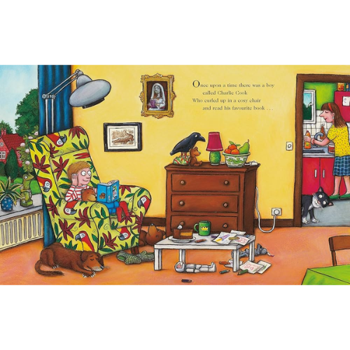 Illustration of a child reading a book in a colorful room with furniture and decor.