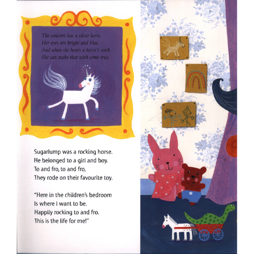 Illustrated book page with a unicorn, rabbit, and teddy bear in a children's room.