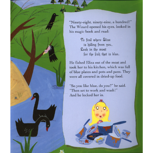 Illustrated page from a children's book with text and characters near a river.