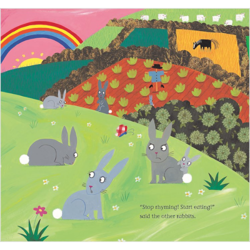 Illustration of rabbits in a colorful landscape with a rainbow and a house.