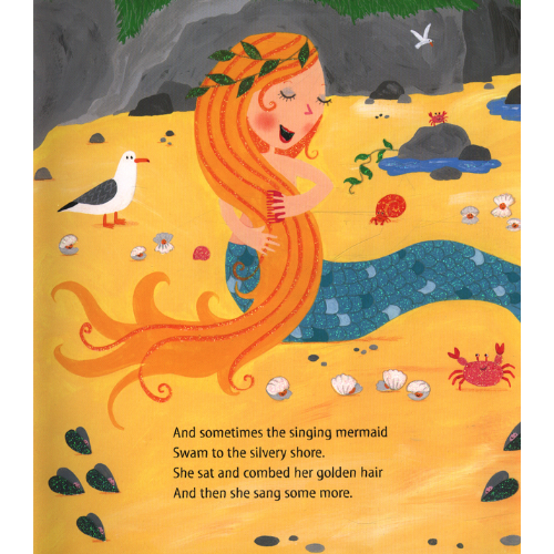 Illustration of a mermaid with long orange hair on a yellow beach with text.