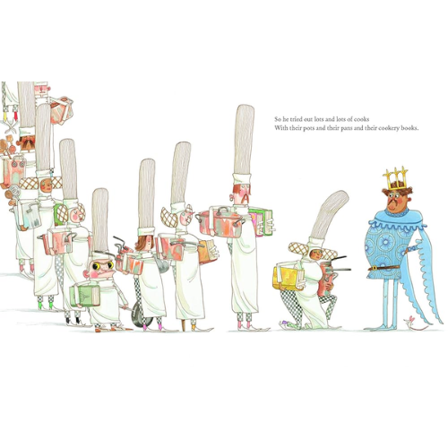 Illustration of a king and his courtiers with various kitchen utensils and items on a white background.