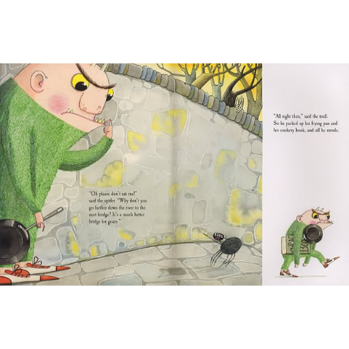 Illustration from a children's book with a character in a green outfit and a spider.