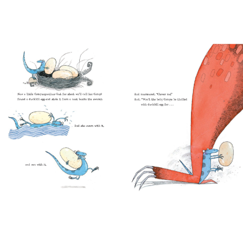 Illustration from a children's book with a creature and eggs on a white background