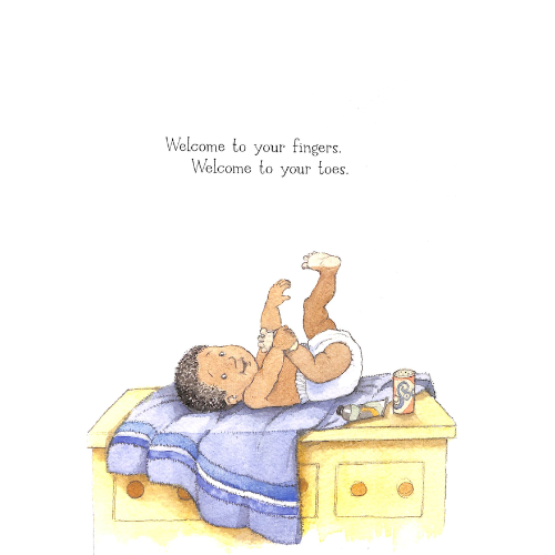 Illustration of a baby lying on a bed with text above, on a white background