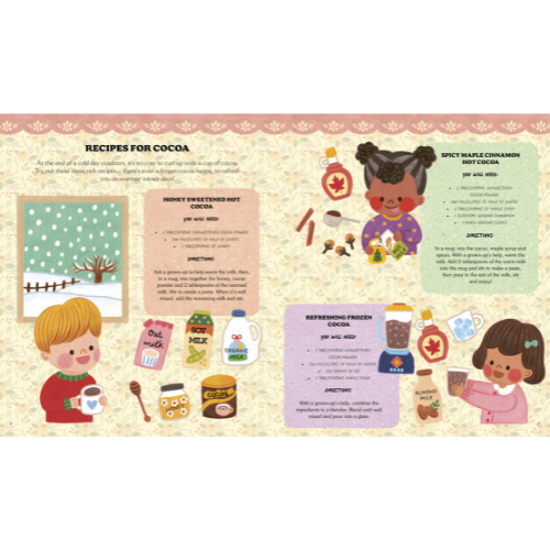 Illustrated recipe card for cocoa with characters and ingredients on a white background