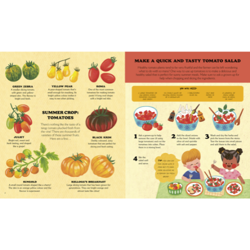 Children's book page about tomatoes with illustrations and text.