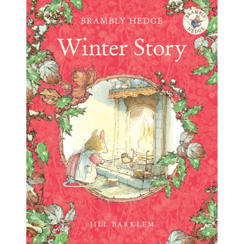 Book cover of 'Winter Story' from Brambly Hedge series with festive design and illustration of a mouse by a fireplace.