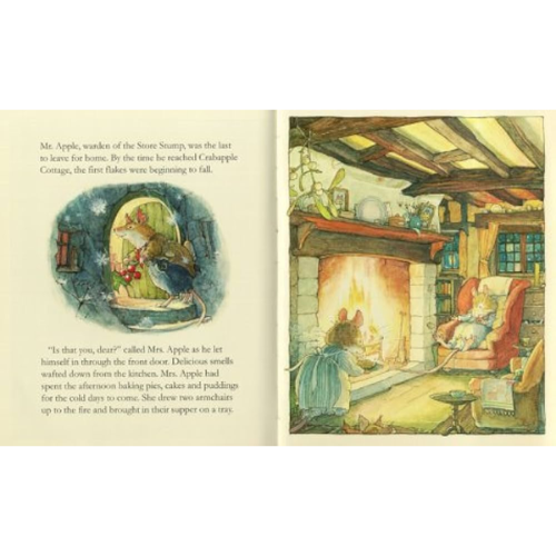Illustrated book page with a fireplace scene and text