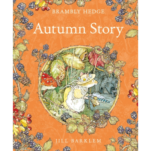 Book cover of 'Autumn Story' from Brambly Hedge series with colorful illustrations on an orange background.