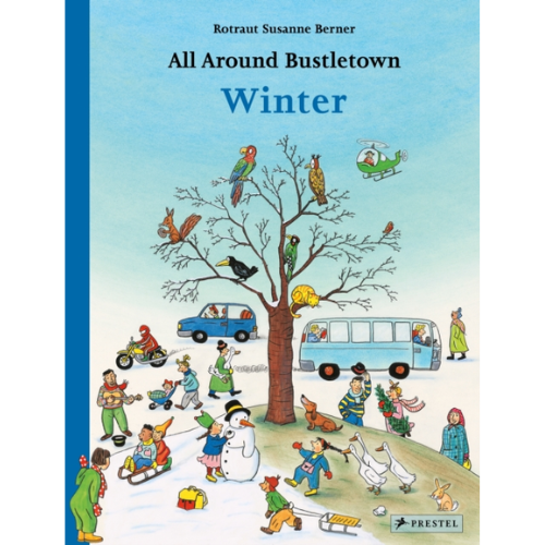 Book cover of 'All Around Bustletown Winter' with illustrations of people and animals in a winter scene.