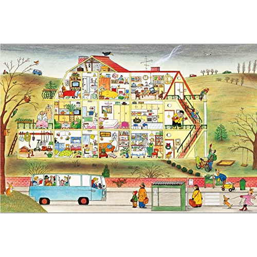 Illustration of a house with various rooms labeled, surrounded by people and activities.