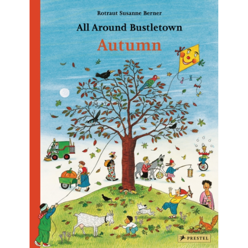 Book cover of 'All Around Bustletown Autumn' with colorful illustration of children and animals around a tree.
