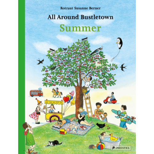 Book cover of 'All Around Bustletown Summer' with colorful illustration of children playing outdoors.