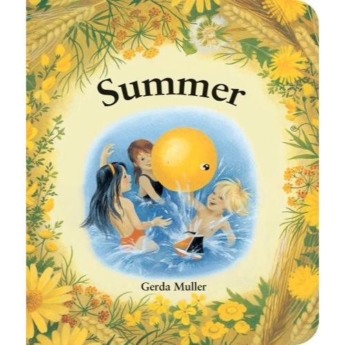 Book cover of 'Summer' by Gerda Muller with children playing in water and sun, surrounded by floral elements.