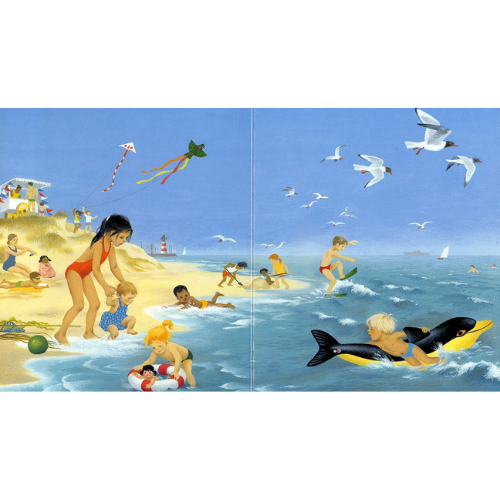 Illustration of a beach scene with people playing and enjoying the water.