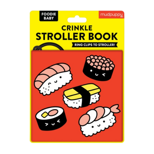 Crumple book packaging with sushi illustrations on a red and yellow background