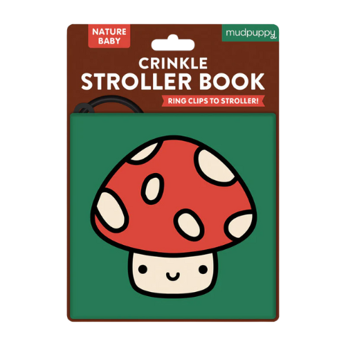 Mushroom-themed crinkle stroller book packaging with Mudpuppy branding