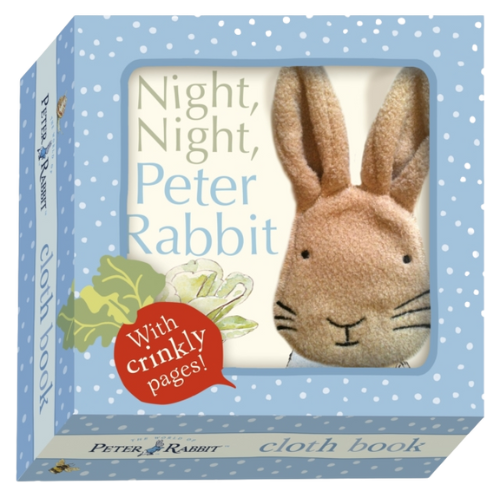 Peter Rabbit cloth book with crinkly pages in a blue polka dot box