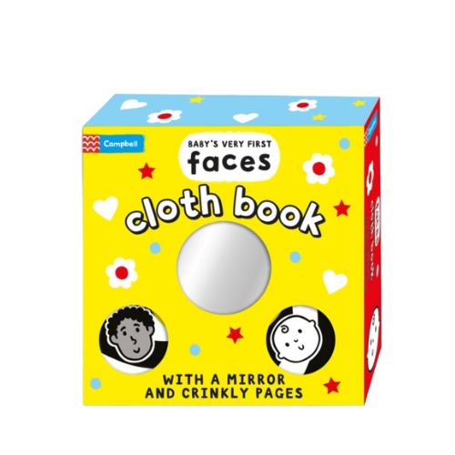 Box of 'Baby's Very First Faces Cloth Book' with a mirror and crinkly pages on a white background.