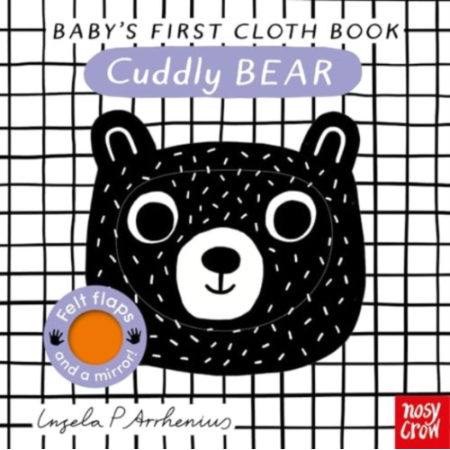 Baby's first cloth book cover with a black bear face on a grid background