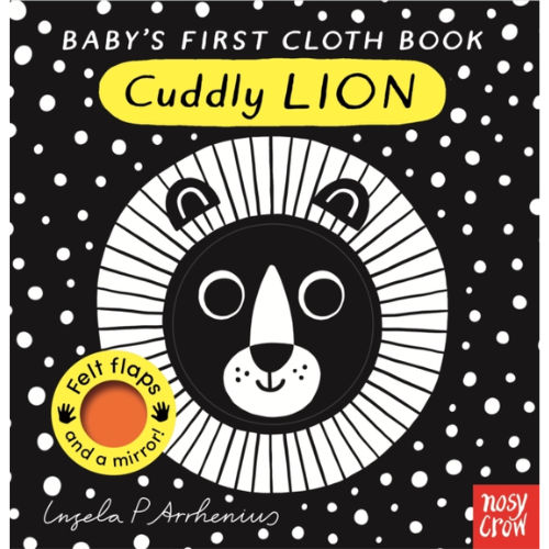 Book cover of 'Cuddly Lion' with a lion face illustration on a black background with white polka dots.