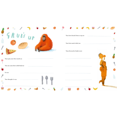Children's book page with an orangutan character and food illustrations on a white background.