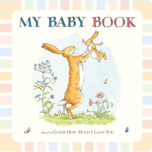 Book cover of 'My Baby Book' with a rabbit illustration on a pastel striped background