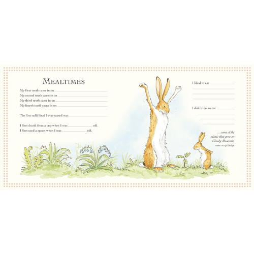 Children's book page with a rabbit illustration and text about mealtimes.