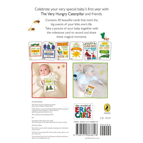 Back cover of a baby milestone card set with illustrations and text, featuring The Very Hungry Caterpillar characters.