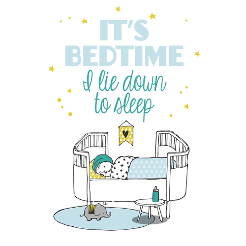 Illustration of a crib with a baby and elephant, text 'It's bedtime I lie down to sleep' on a white background.