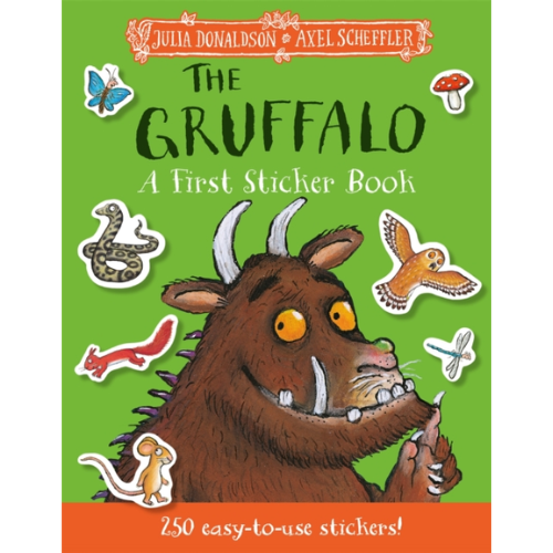 Book cover of 'The Gruffalo: A First Sticker Book' with stickers on a green background