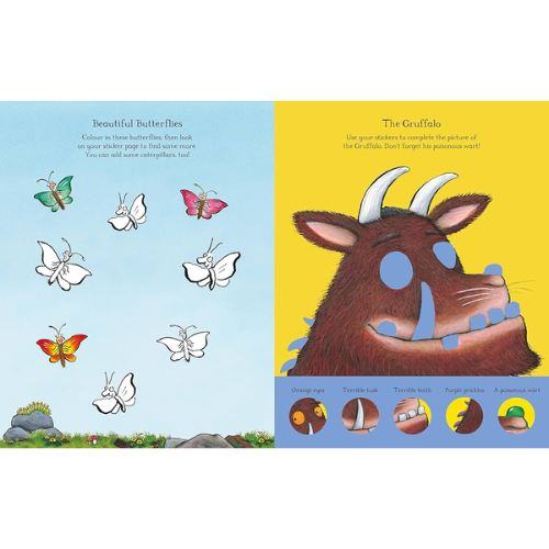 Illustrated book page with butterflies and a gruffalo on a blue and yellow background