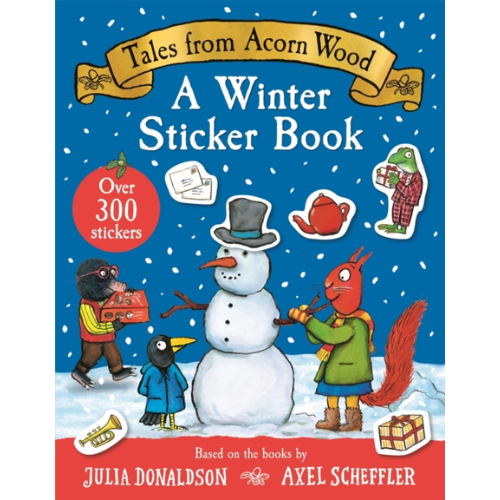 Book cover of 'A Winter Sticker Book' from 'Tales from Acorn Wood' with characters and a snowman on a blue background.