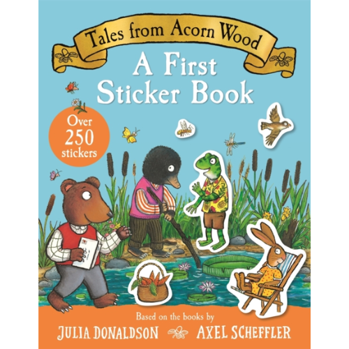 Book cover of 'A First Sticker Book' from 'Tales from Acorn Wood' with cartoon animals and stickers.
