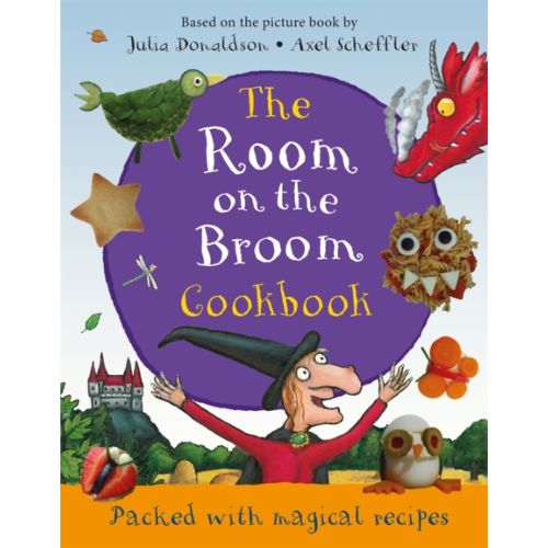 Book cover of 'The Room on the Broom Cookbook' with colorful illustrations and a purple circle.
