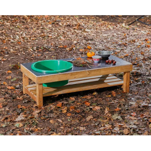 Wooden bench with pet bowls on a leaf-covered ground