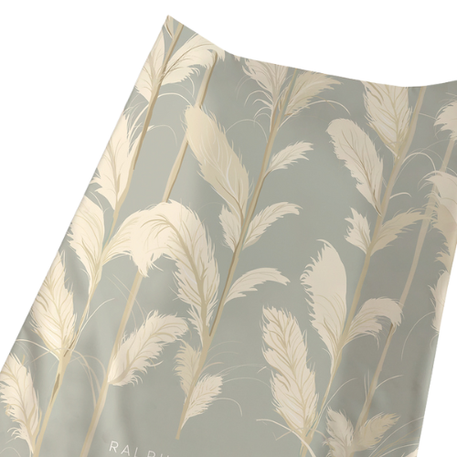 Feather-patterned fabric with 'Ralph' branding on a gray background
