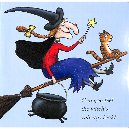 Cartoon witch flying on a broom with a cat, wearing a velvety cloak, against a light blue background.