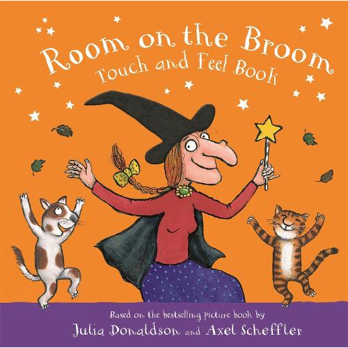 Book cover of 'Room on the Broom' with a witch and two cats against an orange background.