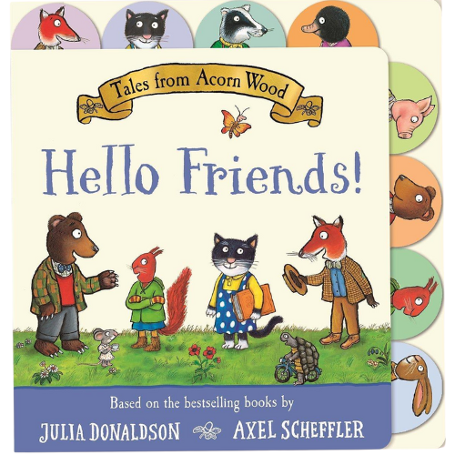 Book cover of 'Hello Friends!' from 'Tales from Acorn Wood' with animal characters and authors' names.