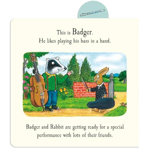 Illustration of Badger playing a bass and Rabbit with a flute, set against a scenic background.