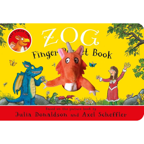 Cover of 'Zog' finger puppet book with colorful illustrations on a yellow background