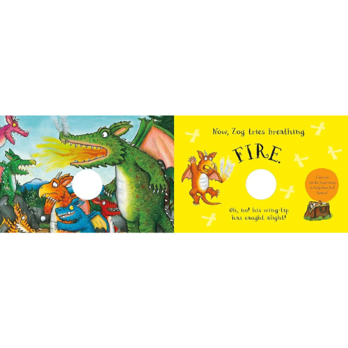 Children's book with colorful illustrations of dragons and a yellow page with text.